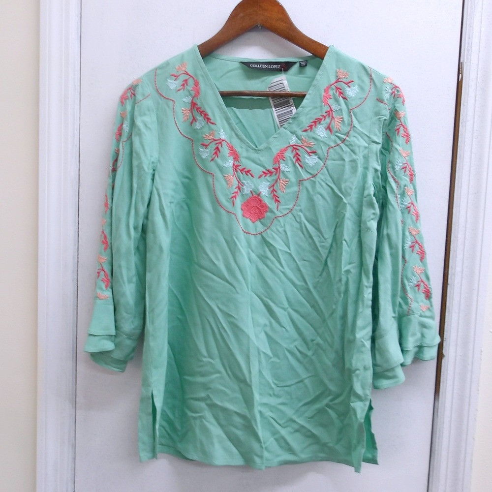 Colleen Lopez Embroidered V Neck Tunic Top‎ Green Bell Sleeve Women's XXS /#2670